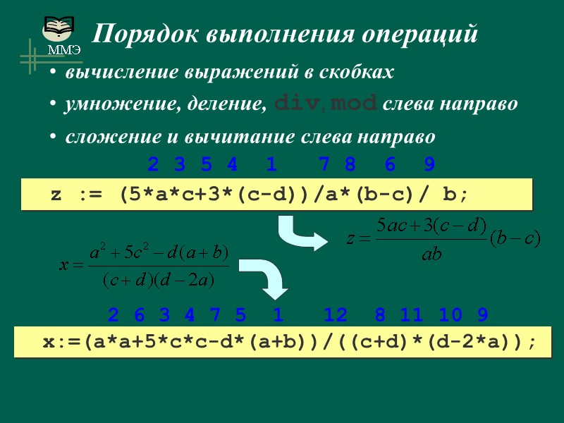 Порядок выполнения операций вычисление выражений в скобках умножение, деление, div, mod слева направо сложение